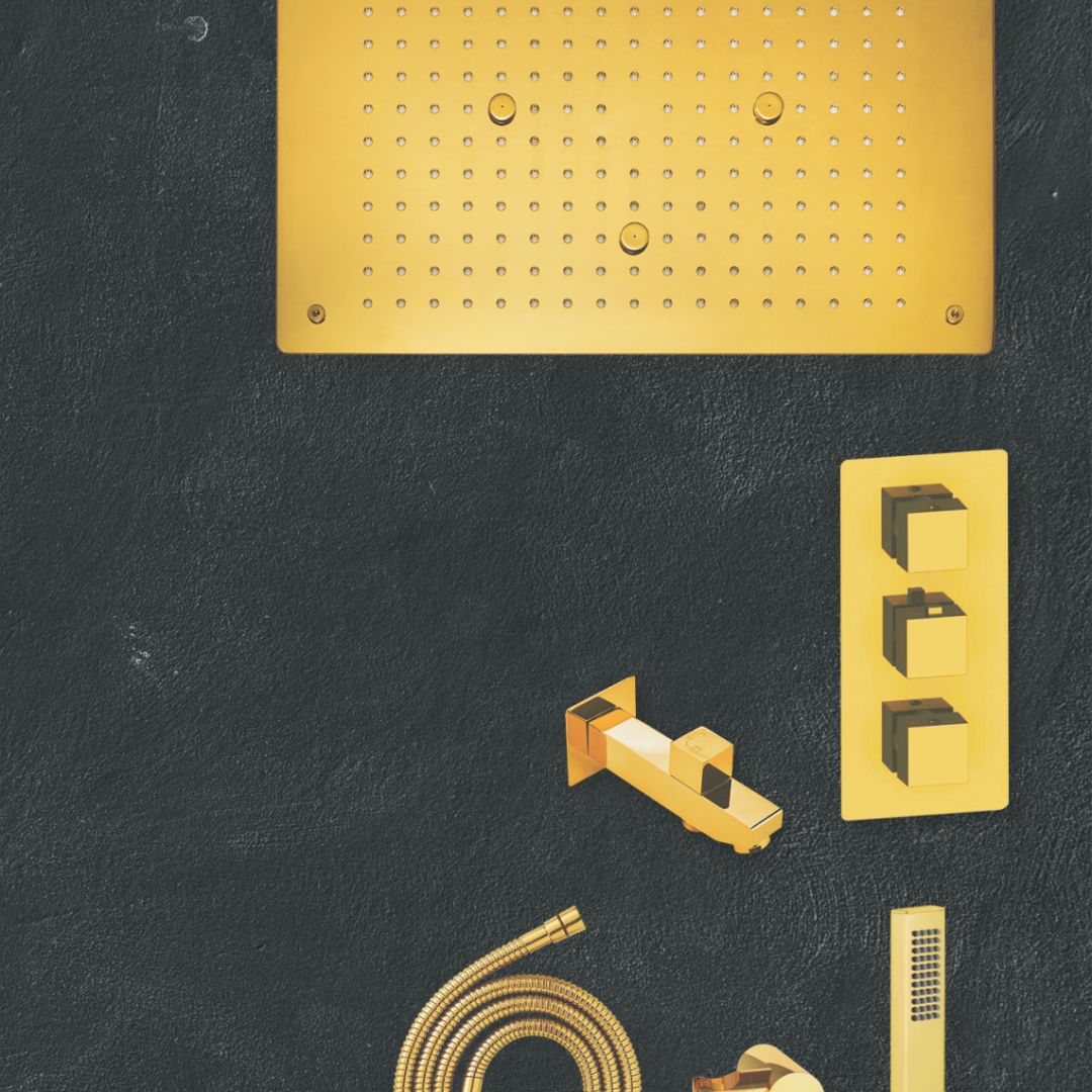 " Complete Set  • 19”x13”)  • 4x Brass Water Tile  • Thermostatic Diverter  • Brass Hand Shower Set  • Brass Spout Tip Ton"