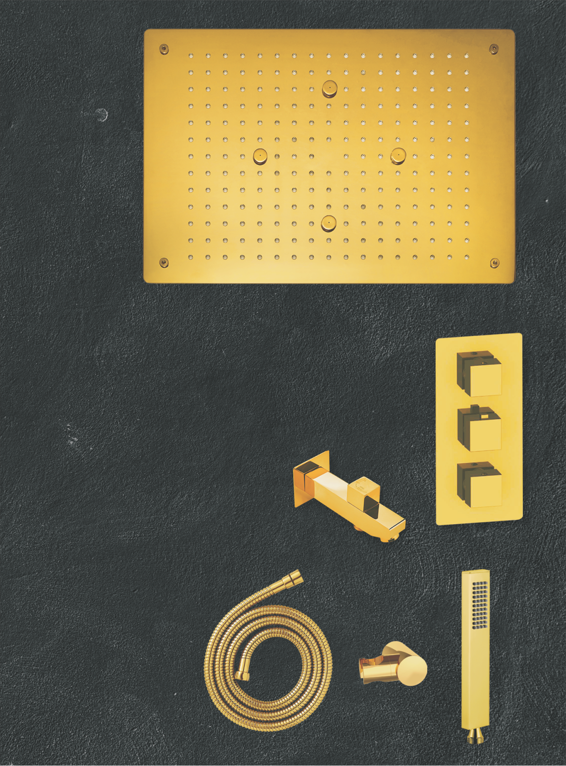 " Complete Set  • 19”x13”)  • 4x Brass Water Tile  • Thermostatic Diverter  • Brass Hand Shower Set  • Brass Spout Tip Ton"