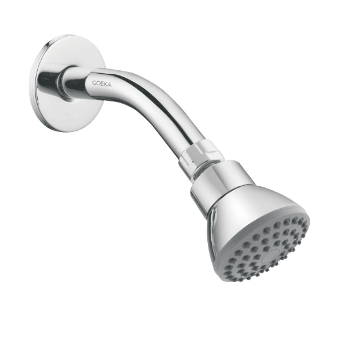 GOEKA Eco Shower Set 60mm with chrome round shower head, 6 inch SS 304 shower arm, and flange installed in a compact modern bathroom.